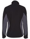 A softshell jacket in black with grey contrast panels, featuring a high collar and a logo on the sleeve.