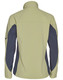 A softshell jacket in light green with navy contrasting panels, featuring a collar and long sleeves. It has a logo.
