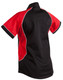 A short-sleeved button-up shirt featuring a black body with red contrast panels and a collar. It has a logo on it.