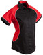 A women's button-up shirt featuring a contrast design in black and red, with a logo on it.