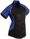 A button-up shirt featuring a tri-colour design with black, blue, and white contrasting panels. It has a pocket and logo.