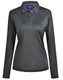 A long-sleeved polo shirt in dark grey with a collar and button placket, featuring a logo.