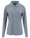 A long-sleeved women's polo shirt in light grey with a collar and three buttons, featuring a logo.