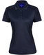 A navy blue women's polo shirt with a collared neckline, short sleeves, and a logo.