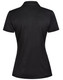 A black women's polo shirt featuring a collar and a logo on the back.