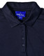 A navy blue polo shirt with a collar, featuring a buttoned placket and a logo on the label.