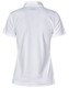 A white women's polo shirt with a textured fabric and a collar, featuring a branding logo.