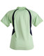 A light green polo shirt with dark navy accents on the back, featuring a logo.