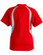 A red polo shirt featuring white accents and a branded logo on the back.