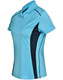 A blue and navy women's polo shirt featuring contrast panels and a logo. Short-sleeved design with a collar.