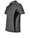 A grey polo shirt with black contrast panels, featuring a classic collar and short sleeves, with a logo on one side.