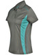A ladies' short-sleeve polo shirt in dark grey with teal contrast accents and a logo on the chest.