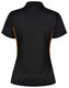 A black polo shirt with orange contrast detailing and a logo on the back.