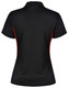 A black polo shirt with contrasting red side panels and a collar. It includes a logo on the garment.