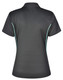 A black polo shirt with short sleeves featuring a contrast turquoise trim and a logo on the back.