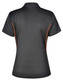 A black polo shirt with contrasting orange trim and a logo on the back.
