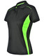 A black polo shirt with vibrant green contrast panels and a collar. The shirt features a logo on the front.