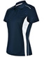 A navy blue ladies' polo shirt with white contrast panels and a logo on the chest.