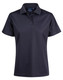 A navy blue ladies' polo shirt with a classic collar and short sleeves. It features a logo on the label.