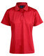 A red ladies' polo shirt with a short sleeve, featuring a collar and buttons, and includes a logo.