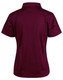A burgundy ladies' polo shirt with a short sleeve and a standard collar, featuring a logo on the back.