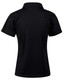 A black ladies' polo shirt with short sleeves and a classic collar, featuring a logo on the back.