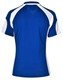 A blue and white ladies' polo shirt featuring a sporty design and a logo.