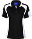 A black and white polo shirt featuring a collar and short sleeves, with a logo on the front.
