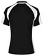 A black and white polo shirt featuring a sporty design and a logo on the back.