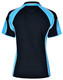 A black polo shirt with blue accents and a logo, featuring a sporty design and short sleeves.