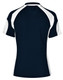 A navy blue polo shirt with white accents, featuring a sporty design and a logo on the back.