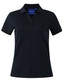 A black short sleeve polo shirt with a collar and three buttons, featuring a logo on the chest.