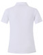 A white short sleeve polo shirt featuring a smooth fabric and a collar, with a branding logo on the back.