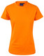 An orange ladies' cotton semi-fitted tee with short sleeves and a round neckline, featuring a tag and logo.