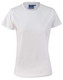 A white ladies' cotton semi-fitted tee, featuring a crew neck and short sleeves. It has a logo on the label.