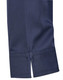 A close-up of a navy blue shirt sleeve with a subtle striped pattern and a taped hem detail.