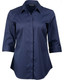 A navy blue button-up shirt with 3/4 sleeves and a modern fit, featuring a logo on the collar.
