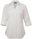 A white button-up shirt with a collar and 3/4 sleeves, featuring a subtle texture and logo.
