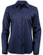 A navy blue button-up shirt with a collar, featuring long sleeves and a sleek, smooth fabric. It has a logo detail.