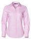 A pink long-sleeve button-up shirt with a dobby striped pattern and a branding label at the collar.