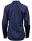 A navy long-sleeve women's button-up shirt featuring a dobby striped design and a logo on the back.