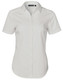 A white short-sleeved button-up shirt featuring a dobby striped pattern and a logo on the collar.