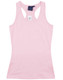 A pink ladies' fitted stretch singlet with a racerback design and a logo on the label.