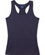 A fitted stretch singlet in navy blue with a racerback design and a small tag inside.