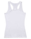 A white ladies' fitted stretch singlet with a racerback design and a logo on the backside.