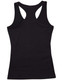 A black ladies' fitted stretch singlet with a racerback design, featuring a logo.