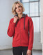 A red full zip fleece hoodie with a grey hood, featuring a logo, posed by a model in a bright interior setting.