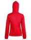 A red ladies' full zip fleece hoodie featuring a hood and long sleeves, with a logo present.