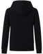 A black full-zip fleecy hoodie featuring a hood and ribbed cuffs. Includes a logo on the back.