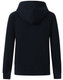 A full-zip fleecy hoodie in navy blue with a hood, featuring raglan sleeves and a fitted hem.